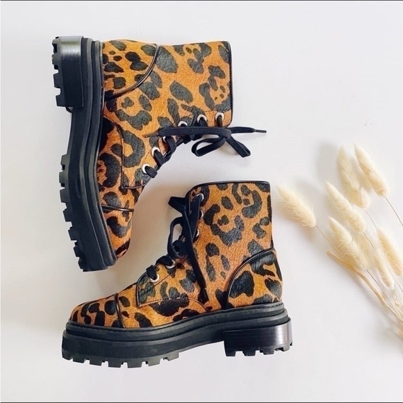 Schutz Women’s Maylova Leopard-Print Calf Hair Combat Booties - Picture 3 of 7